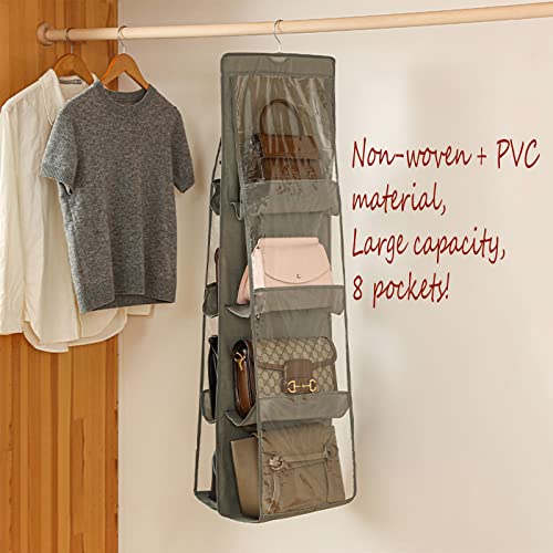 RAUYIVANY 2 Packs Hanging Handbag Purse Organizer, Hanging Purse Organizer Bag Storage Hanger Closet Organizer with Metal Hook, 8 Clear Pockets for Home Closet Bedroom(Grey and Black)