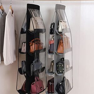 RAUYIVANY 2 Packs Hanging Handbag Purse Organizer, Hanging Purse Organizer Bag Storage Hanger Closet Organizer with Metal Hook, 8 Clear Pockets for Home Closet Bedroom(Grey and Black)