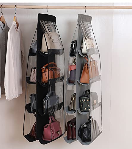 RAUYIVANY 2 Packs Hanging Handbag Purse Organizer, Hanging Purse Organizer Bag Storage Hanger Closet Organizer with Metal Hook, 8 Clear Pockets for Home Closet Bedroom(Grey and Black)