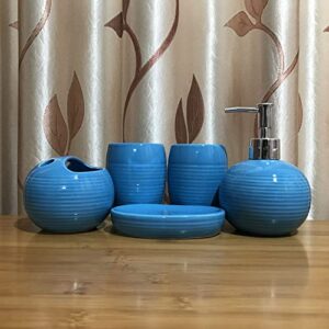 bbruriy 5 piece blue ceramic full bathroom accessories set includes soap lotion dispenser - soap dish- toothbrush holder and european embossed mouthwash cup2 hotel bathroom supplies,blue