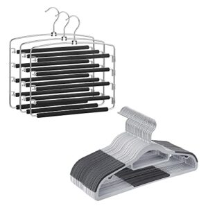 songmics 30-pack hangers and set of 3 pants hangers bundle, non-slip hangers, 5-tier pants organizers, for shirts, suits, ties, light and dark gray, silver and black ucrp20g30 and ucri041bk