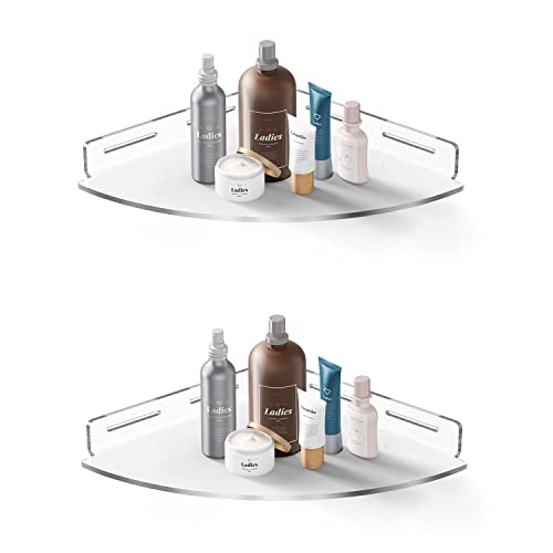 GEERFAY Acrylic Corner Shower Caddy Shelf 2 Pack with Adhesive, Wall Mount No Drilling Traceless Adhesive Bathroom Storage Organizer