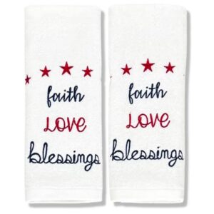 vcny home patriotic white hand towels: luxury soft absorbent terry cloth embroidered american sentiments: faith love blessings, 16" by 28" inch, 2 piece