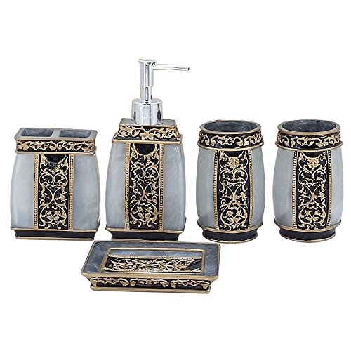 LUANT Creative Bath Ensemble, 5 Piece Bathroom Accessories Set, Collection Bath Set Features Soap Dispenser, Toothbrush Holder, Tumbler, & Soap Dish- Silver