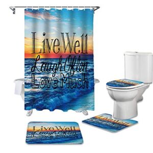 4 pcs shower curtain sets with rugs live well laugh often love much non-slip soft toilet lid cover for bathroom beach sunset bathroom sets with bath mat and 12 hooks