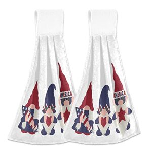 KOCOART Independence Day Kitchen Hand Towels Patriotic Gnomes Hanging Tie Towel 4th of July Dish Towels with Loop 2PCS, Soft Super Absorbent Fingertip Tie Towel Tea Dish Cloths for Bathroom