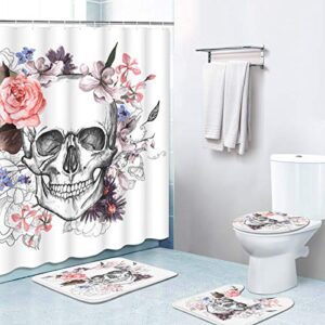 britimes 4 piece shower curtain sets, skull flower with non-slip rugs, toilet lid cover and bath mat, durable and waterproof, for bathroom decor set, 72" x 72"