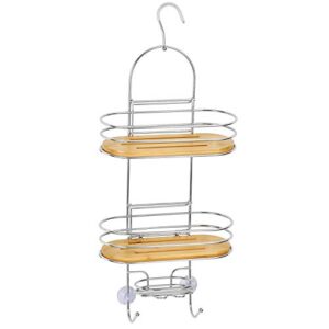 toilettree products stainless steel & bamboo hanging caddy - over-the-head shower organizer with hooks & suction cups - rustproof heavy-duty metal & wooden caddy for bathrooms
