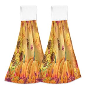 sunflower butterfly pumpkin hanging kitchen towels 2 pack dish cloth tie towel, autumn fall maple leaves absorbent soft hand towels with hanging loop for bathroom farmhouse bar tabletop home decor