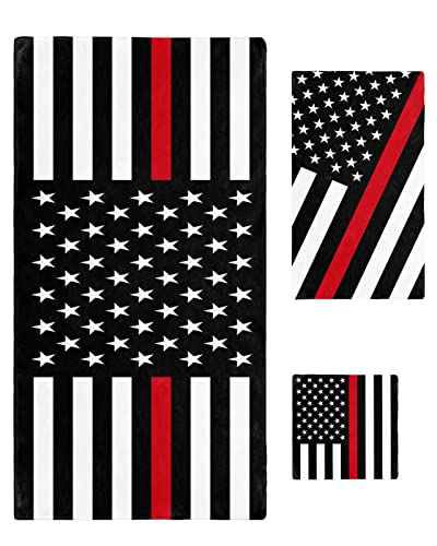 PakiInno Bath Towels Set Soft Absorbent Towels Red Line American Flag Respect Firefighter Sign Fluffy Shower Towel Hand Towel Washcloths for Fitness, Sports, Travel