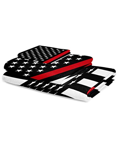 PakiInno Bath Towels Set Soft Absorbent Towels Red Line American Flag Respect Firefighter Sign Fluffy Shower Towel Hand Towel Washcloths for Fitness, Sports, Travel