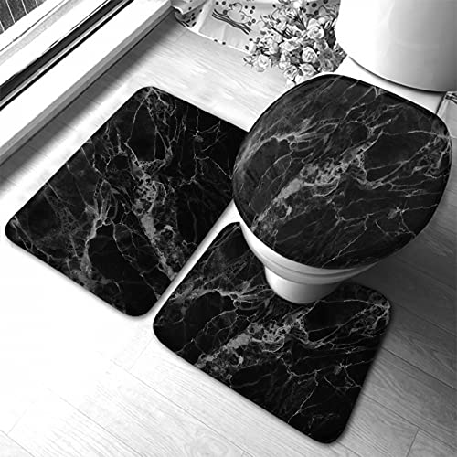 WONDERTIFY Black Marble Bathroom Antiskid Pad Luxury Dark Rock Smooth Surface 3 Pieces Bathroom Rugs Set, Bath Mat+Contour+Toilet Lid Cover