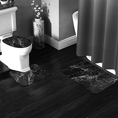 WONDERTIFY Black Marble Bathroom Antiskid Pad Luxury Dark Rock Smooth Surface 3 Pieces Bathroom Rugs Set, Bath Mat+Contour+Toilet Lid Cover