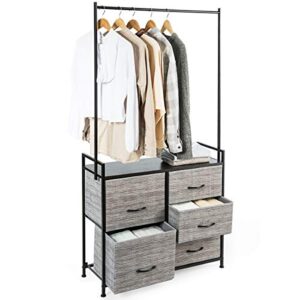 tangkula fabric drawer dresser w/clothes rack, storage organizer with metal frame and wooden top, closet organizers and 5 storage drawers for clothes, toys, for hallway, bedroom (gray)