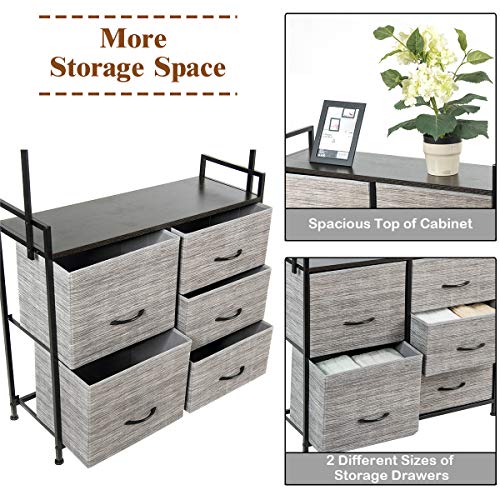 Tangkula Fabric Drawer Dresser w/Clothes Rack, Storage Organizer with Metal Frame and Wooden Top, Closet Organizers and 5 Storage Drawers for Clothes, Toys, for Hallway, Bedroom (Gray)