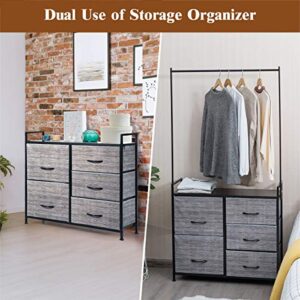 Tangkula Fabric Drawer Dresser w/Clothes Rack, Storage Organizer with Metal Frame and Wooden Top, Closet Organizers and 5 Storage Drawers for Clothes, Toys, for Hallway, Bedroom (Gray)