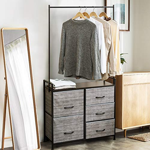 Tangkula Fabric Drawer Dresser w/Clothes Rack, Storage Organizer with Metal Frame and Wooden Top, Closet Organizers and 5 Storage Drawers for Clothes, Toys, for Hallway, Bedroom (Gray)