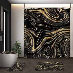 tayney marble shower curtain sets with toilet lid cover and non-slip rugs, black gold marbling 4 pcs bathroom curtains shower set, modern abstract ancient art bathroom accessories set with 12 hooks