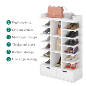 Waktavel 6 Tiers Vertical Shoe Rack, Wooden Shoe Rack Organizer with 2 Drawers and Open Top Free Standing Shoe Storage Stand for Entryway Hallway (White Shoe Rack 6 Tier)