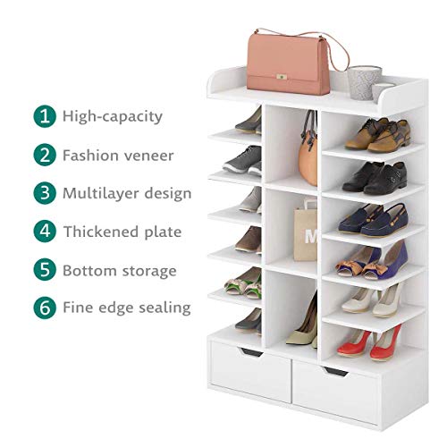 Waktavel 6 Tiers Vertical Shoe Rack, Wooden Shoe Rack Organizer with 2 Drawers and Open Top Free Standing Shoe Storage Stand for Entryway Hallway (White Shoe Rack 6 Tier)