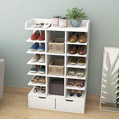 Waktavel 6 Tiers Vertical Shoe Rack, Wooden Shoe Rack Organizer with 2 Drawers and Open Top Free Standing Shoe Storage Stand for Entryway Hallway (White Shoe Rack 6 Tier)