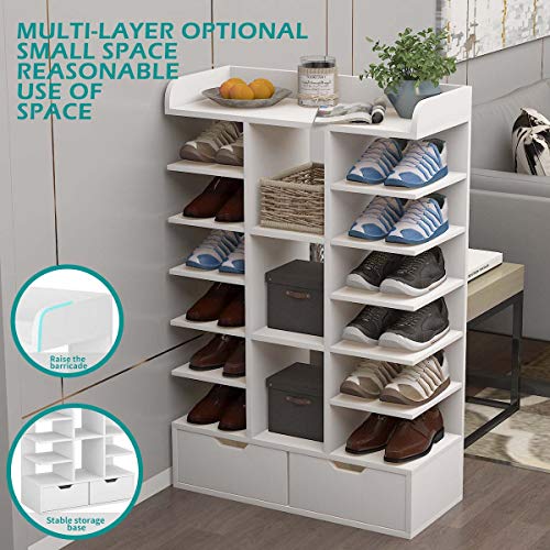 Waktavel 6 Tiers Vertical Shoe Rack, Wooden Shoe Rack Organizer with 2 Drawers and Open Top Free Standing Shoe Storage Stand for Entryway Hallway (White Shoe Rack 6 Tier)