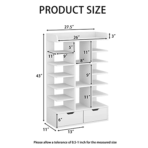 Waktavel 6 Tiers Vertical Shoe Rack, Wooden Shoe Rack Organizer with 2 Drawers and Open Top Free Standing Shoe Storage Stand for Entryway Hallway (White Shoe Rack 6 Tier)