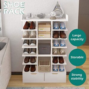 Waktavel 6 Tiers Vertical Shoe Rack, Wooden Shoe Rack Organizer with 2 Drawers and Open Top Free Standing Shoe Storage Stand for Entryway Hallway (White Shoe Rack 6 Tier)
