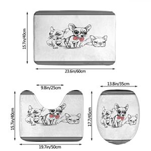 Wondertify Three French Bulldog Puppy Bathroom Antiskid Pad One Chihuahua Puppy Portrait Tie 3 Pieces Bathroom Rugs Set, Bath Mat+Contour+Toilet Lid Cover Black White