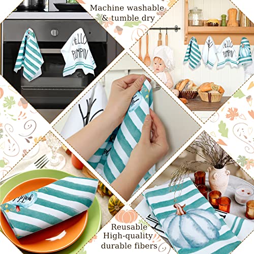 Peryiter 4 Pcs Valentine's Day Kitchen Towels Sets Hello Valentine Dish Towels, 16 x 24'' Gnomes Hearts Hand Towels Absorbent Fast Drying Cloth Tea Towels for Anniversary Wedding (Teal, Striped)