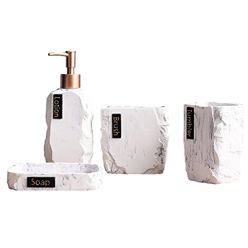 Hymmah Bathroom Accessories Set,Marble Design Toothbrush Holder,Farmhouse Bathroom Decor,4 Pcs Resin Gift Set Apartment Necessities, Contain Toothbrush Cup,Soap Dispenser,Soap Dish,Tumbler