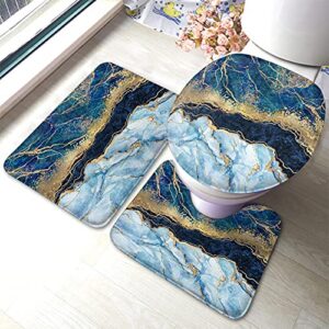 wondertify blue marble bathroom antiskid pad gold foil and glitter marbling wavy 3 pieces bathroom rugs set, bath mat+contour+toilet lid cover
