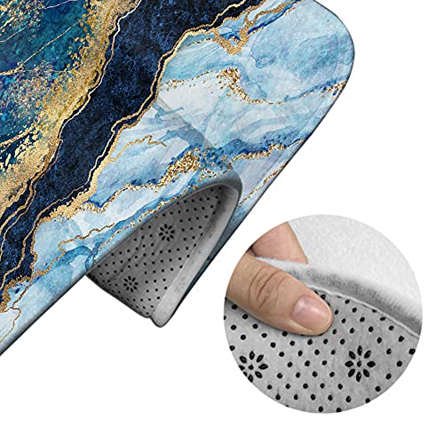 WONDERTIFY Blue Marble Bathroom Antiskid Pad Gold Foil and Glitter Marbling Wavy 3 Pieces Bathroom Rugs Set, Bath Mat+Contour+Toilet Lid Cover