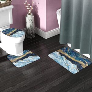 WONDERTIFY Blue Marble Bathroom Antiskid Pad Gold Foil and Glitter Marbling Wavy 3 Pieces Bathroom Rugs Set, Bath Mat+Contour+Toilet Lid Cover