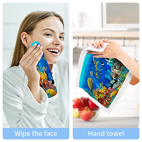 Kigai 2 Pack Sealife Fish Coral Washcloths – Soft Face Towels, Gym Towels, Hotel and Spa Quality, Reusable Pure Cotton Fingertip Towels