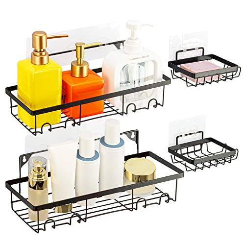 DENGFO Shower Caddy with Hooks, Shower Storage Organizer, Traceless Self Adhesive Shower Shelves, Wall-Mounted Black Shower Rack with 2 Soap Holders