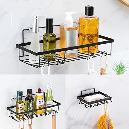 DENGFO Shower Caddy with Hooks, Shower Storage Organizer, Traceless Self Adhesive Shower Shelves, Wall-Mounted Black Shower Rack with 2 Soap Holders
