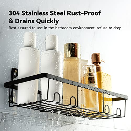 DENGFO Shower Caddy with Hooks, Shower Storage Organizer, Traceless Self Adhesive Shower Shelves, Wall-Mounted Black Shower Rack with 2 Soap Holders