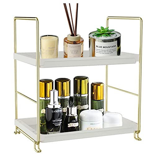 Sekepingo 2-Tier Makeup Perfume Counter Organizer, Bathroom Countertop Shelf Vanity Bedroom Storage Tray,Kitchen Spice Rack Standing Shelf(Gold,White)