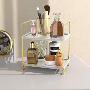 Sekepingo 2-Tier Makeup Perfume Counter Organizer, Bathroom Countertop Shelf Vanity Bedroom Storage Tray,Kitchen Spice Rack Standing Shelf(Gold,White)