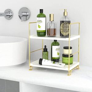 Sekepingo 2-Tier Makeup Perfume Counter Organizer, Bathroom Countertop Shelf Vanity Bedroom Storage Tray,Kitchen Spice Rack Standing Shelf(Gold,White)