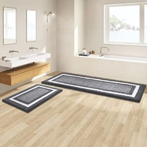kmat bathroom rugs and mats sets,2 pcs ultra soft microfiber non-slip bath mat,machine washable shower rugs floor carpet mat for bathroom,tub and shower (59"x20"+26"x18", dark grey)