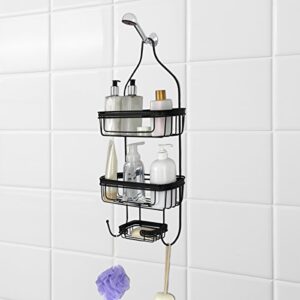 splash home bathroom door or hanging from shower head caddy with two basket organizers plus dish for storage shelves for shampoo, conditioner soaps, 24 x 15 x 12 inches black