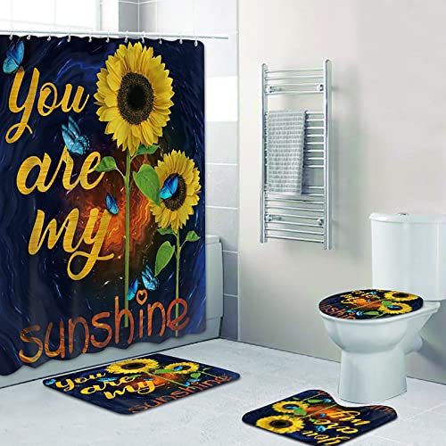 4 Piece Gold Sunflower Shower Curtains with Bath Rugs Bathroom Sets,Butterfly and Flower Bathtub Decor with Floor Carpet U Shape Mat Toilet Seat Cover Hook ,71 Inch Size Long Home Decoration (Blue)