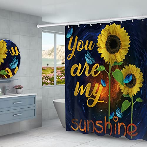 4 Piece Gold Sunflower Shower Curtains with Bath Rugs Bathroom Sets,Butterfly and Flower Bathtub Decor with Floor Carpet U Shape Mat Toilet Seat Cover Hook ,71 Inch Size Long Home Decoration (Blue)