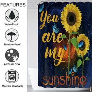 4 Piece Gold Sunflower Shower Curtains with Bath Rugs Bathroom Sets,Butterfly and Flower Bathtub Decor with Floor Carpet U Shape Mat Toilet Seat Cover Hook ,71 Inch Size Long Home Decoration (Blue)