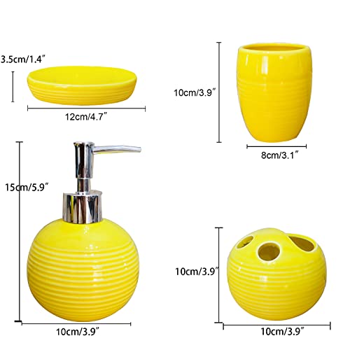 LISANEK Bathroom Accessories Set 4 Piece Ceramic Bathroom Accessories Decoration Set with Lotion Dispenser, Soap Dish,Cup,Toothbrush Holder (Yellow)