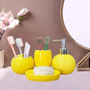 LISANEK Bathroom Accessories Set 4 Piece Ceramic Bathroom Accessories Decoration Set with Lotion Dispenser, Soap Dish,Cup,Toothbrush Holder (Yellow)