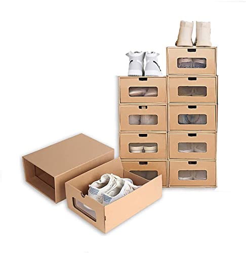 MYOYAY 10 Pcs Shoe Box Cardboard 13.7 x 9 x5.3 Shoe Boxes with Transparent Window Waterproof Stackable Storage Boxes Shoe Organizer for Shoes, Socks, Stationery, Toys, Underwear