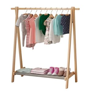clikuutory kids garment rack, kids clothes rack for hanging clothes, baby freestanding clothing rack with storage shelf & hanging rod, stable triangular frame, 100% natural pine wood, dress up rack